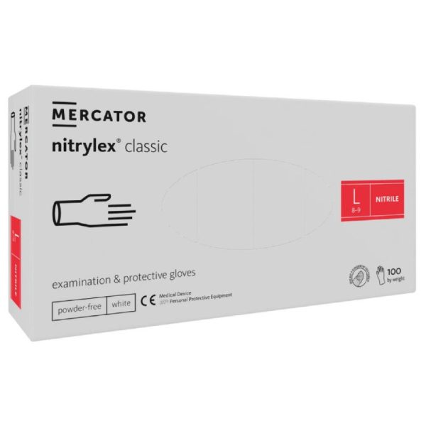 Ponuka - Cena - Predaj Nitrilové rukavice jednorázové MERCATOR nitrylex classic – biele L 100ks