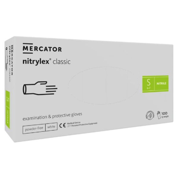 Ponuka - Cena - Predaj Nitrilové rukavice jednorázové MERCATOR nitrylex classic – biele S 100ks