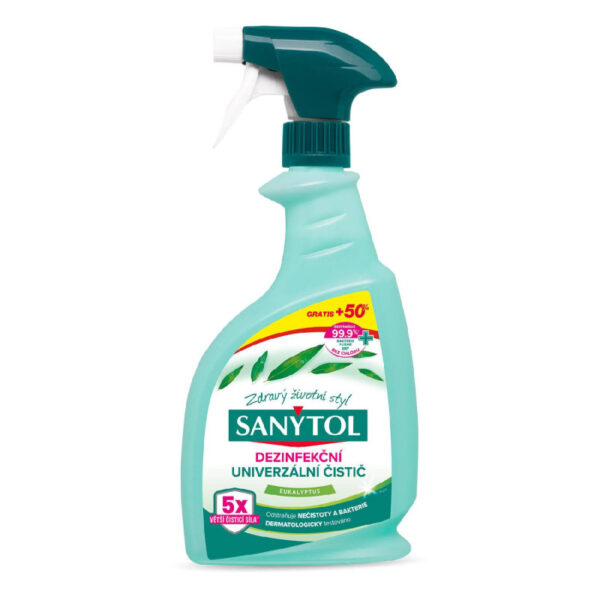 Ponuka - Cena - Predaj SANYTOL dezinfekčný univerzálny čistič sprej eukalyptus 500 ml + 250ml grátis