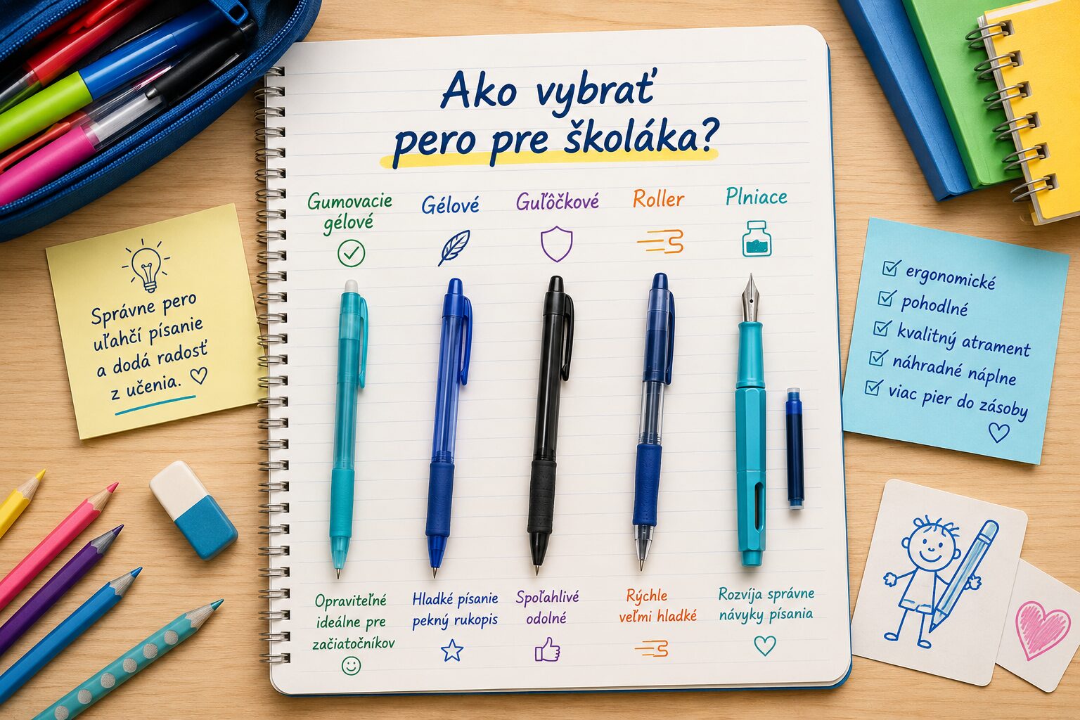 Pero pre školáka – typy pier pre školu: guľôčkové, gélové a gumovacie