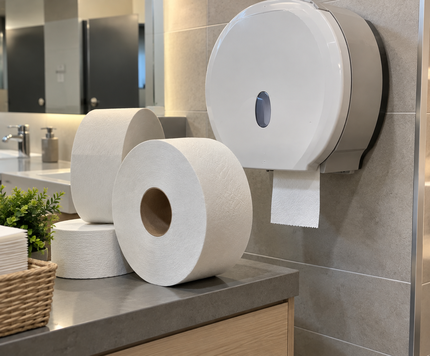 JUMBO toaletný papier pre firmy – zásobník a kotúče packit.sk